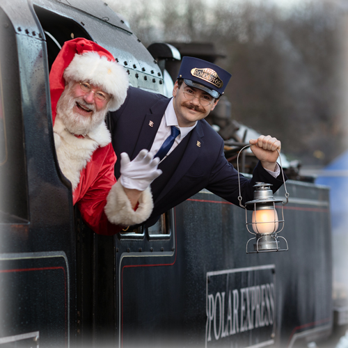 Santa and The Conductor on the train at The Polar Express Train ride